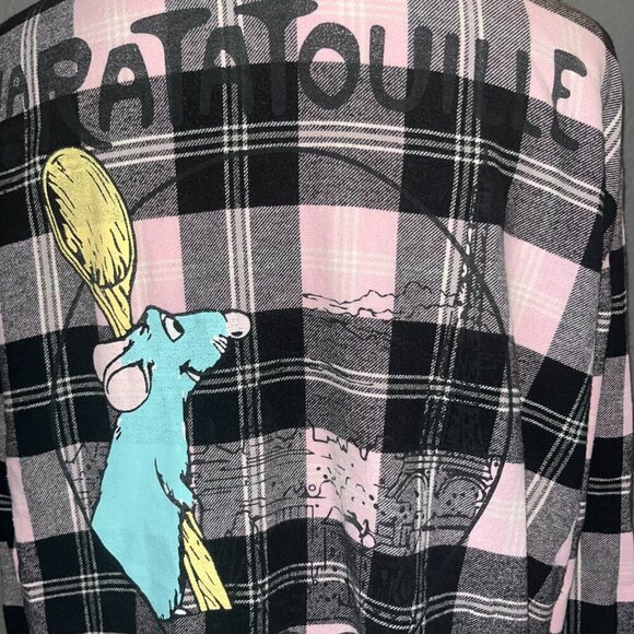 DISNEY LA RATATOUILLE REMY Plaid Flannel Button Down Pink & Black Ombre Shirt  L - Picture 6 of 13